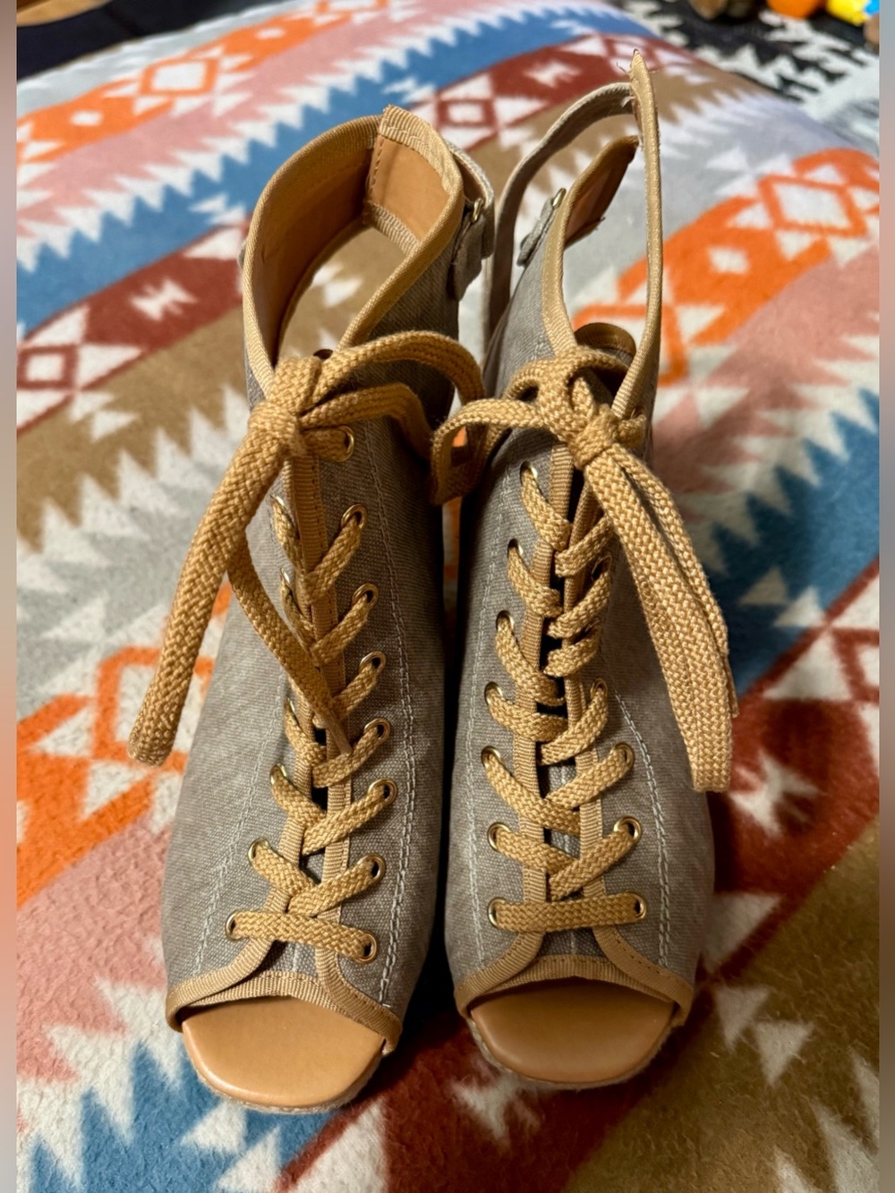 Women's Lace-Up Peep Toe Ankle Booties in Taupe